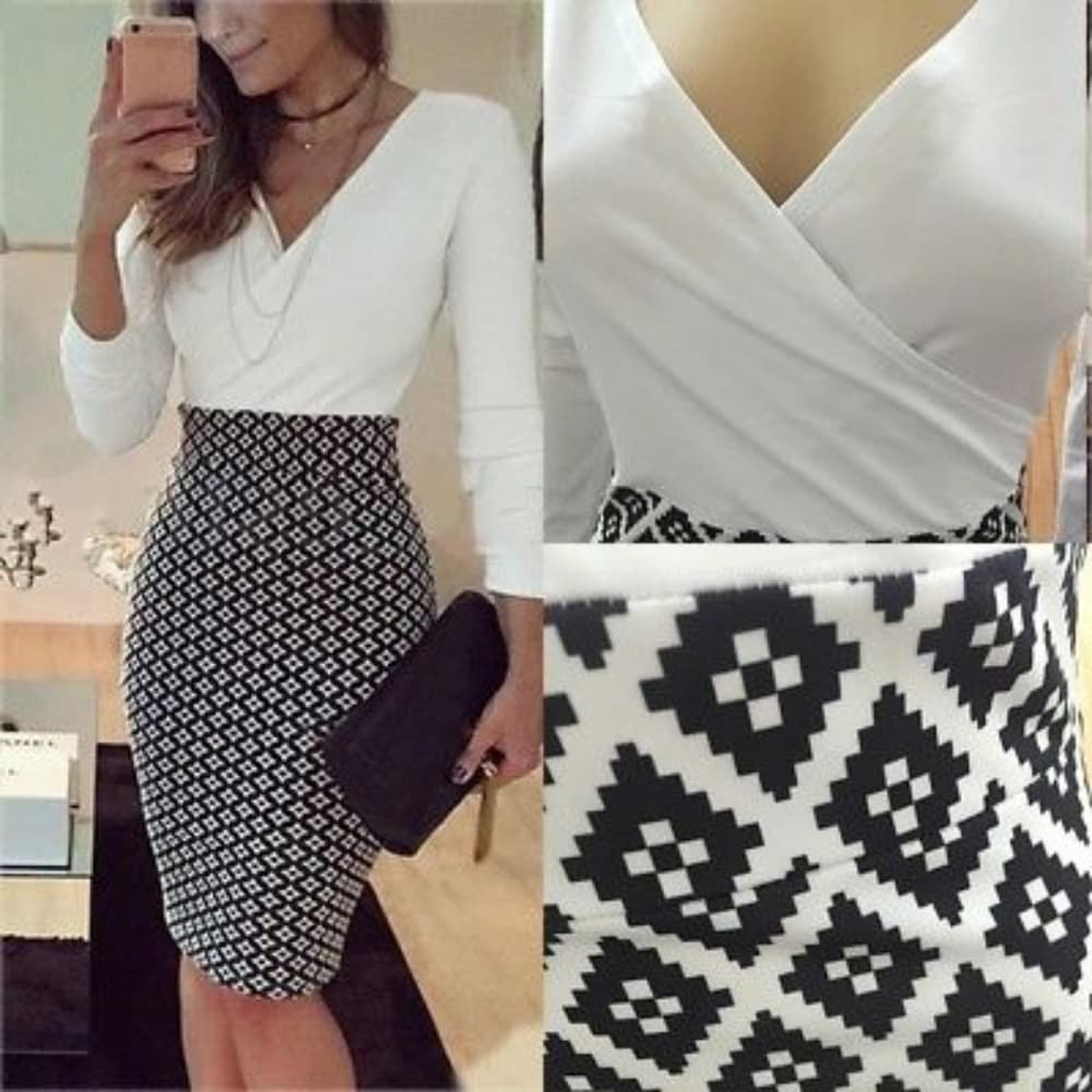Black and White Beauty Pencil Dress - Thumbnail 2