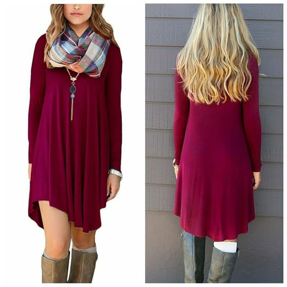 Wine Long Sleeve Loose T-Shirt Dress - Thumbnail 6