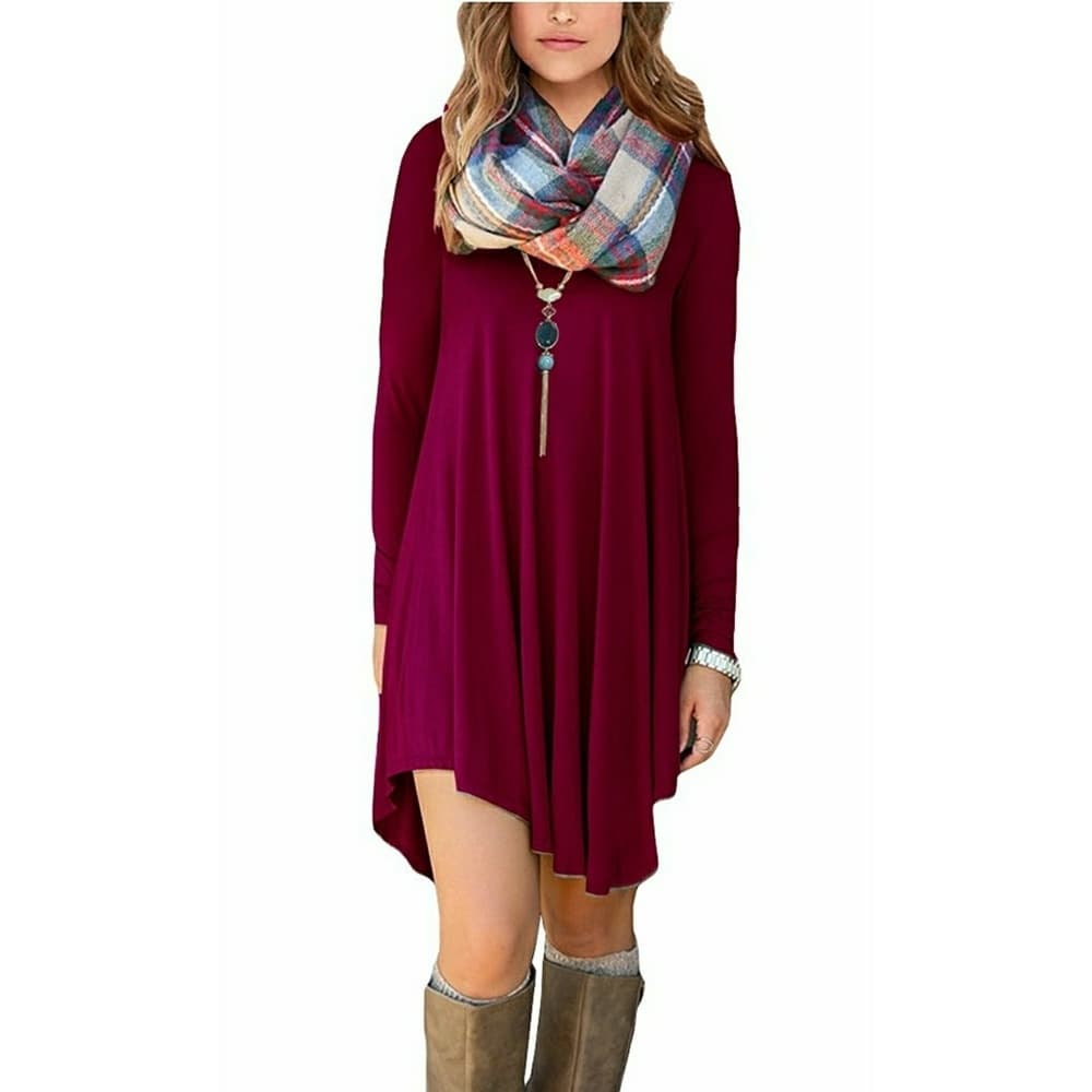 Wine Long Sleeve Loose T-Shirt Dress - Thumbnail 3
