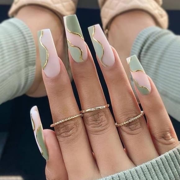 Beautiful Green Pink Coffin False Press on Nails - Thumbnail 4