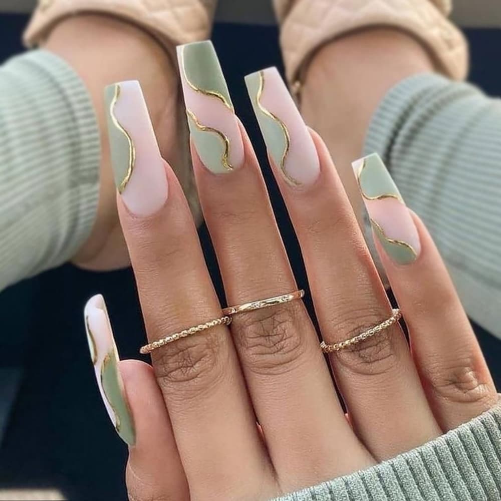 Beautiful Green Pink Coffin False Press on Nails - Thumbnail 3