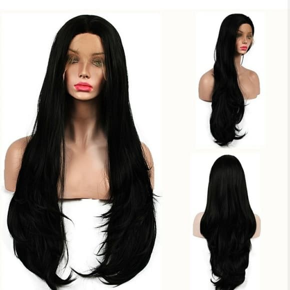 Black Layered Straight Lace Front Wig 24-26 inches - Thumbnail 5