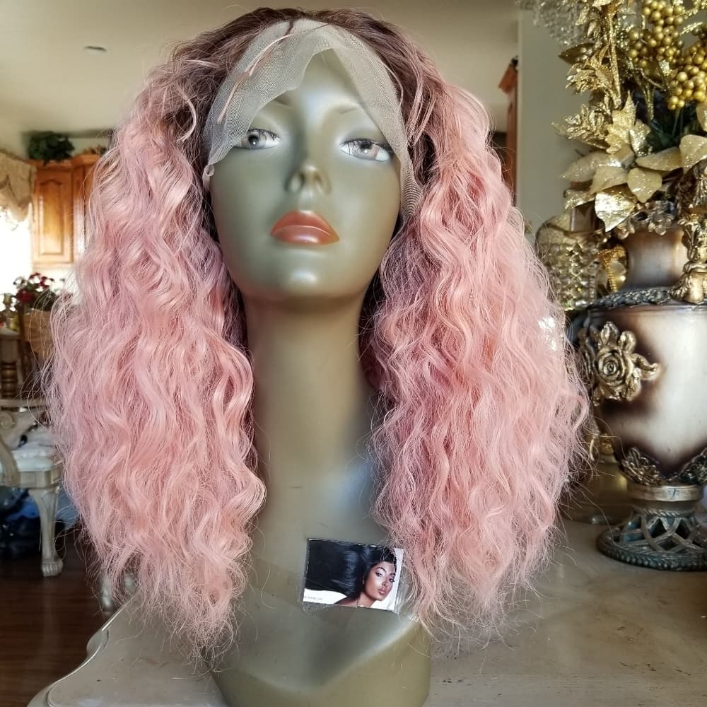 Ombre Pink Curly WavyLace Front Wig - Thumbnail 2