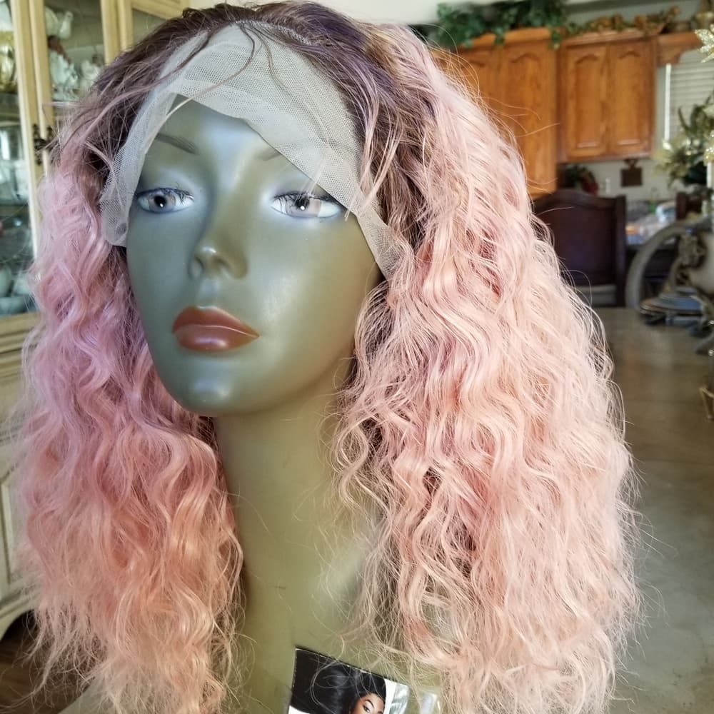Ombre Pink Curly WavyLace Front Wig - Thumbnail 3