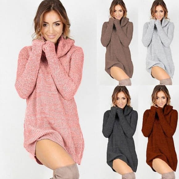 Cowl Neck Loose Long Sleeve Dress - Thumbnail 3