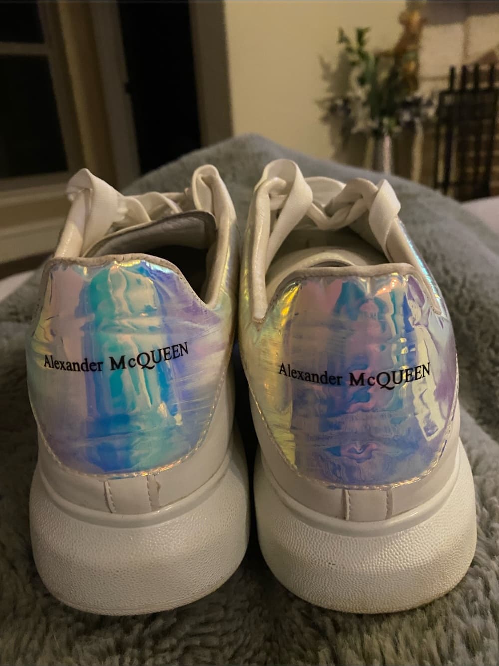 Alexander McQueen White Leather Sneakers with Iridescent Heel Tab. 12” long - Thumbnail 2