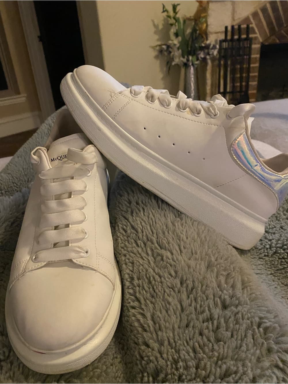 Alexander McQueen White Leather Sneakers with Iridescent Heel Tab. 12” long - Thumbnail 6