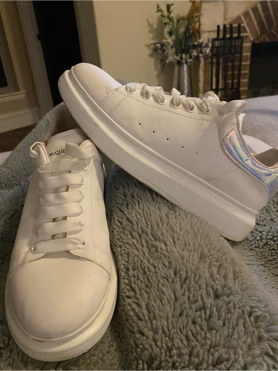 Alexander McQueen White Leather Sneakers with Iridescent Heel Tab. 12” long - Thumbnail 7