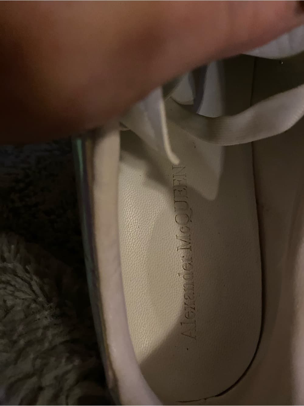 Alexander McQueen White Leather Sneakers with Iridescent Heel Tab. 12” long - Thumbnail 4