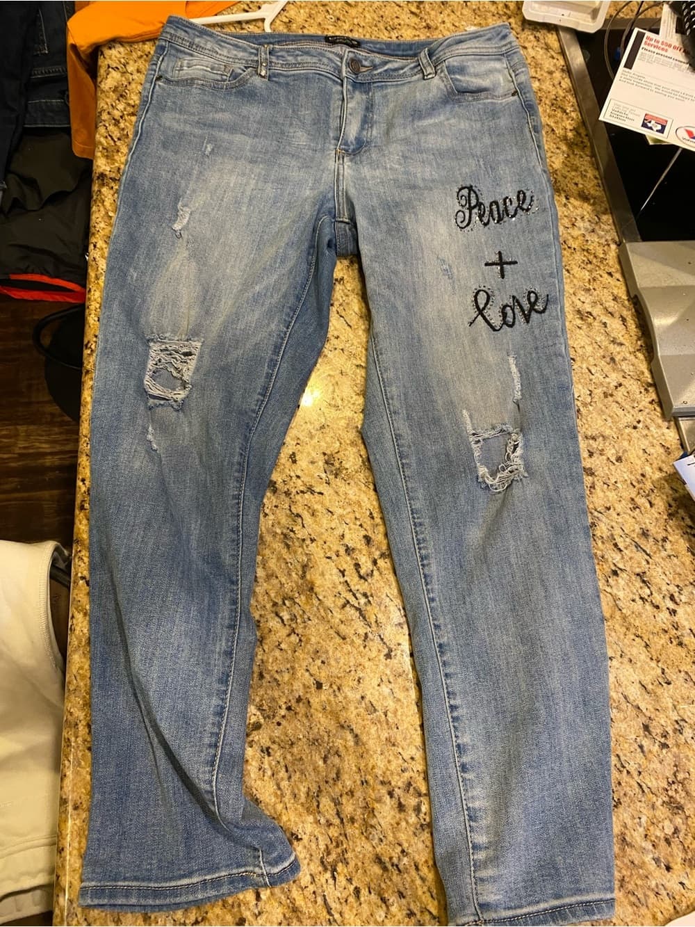Bebe Light Wash Distressed Jeans with 'Peace + Love' Embroidery - Thumbnail 3