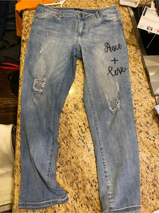 Bebe Light Wash Distressed Jeans with 'Peace + Love' Embroidery - Thumbnail 4