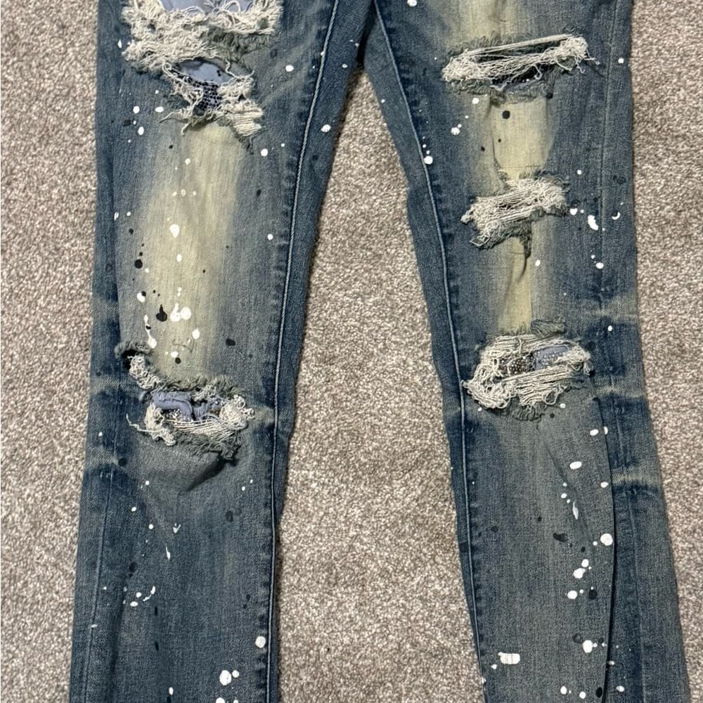 GTFO las angeles Distressed Blue Jeans with Paint Splatter - Thumbnail 5