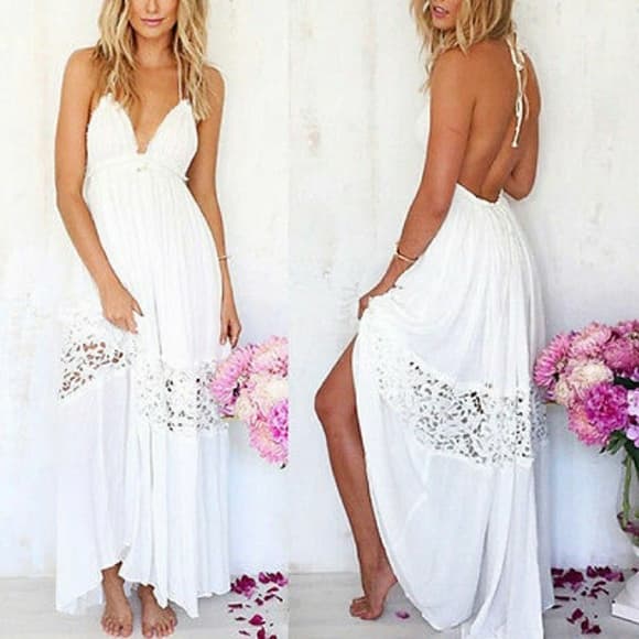 White Long Maxi Boho Evening Dress - Thumbnail 9