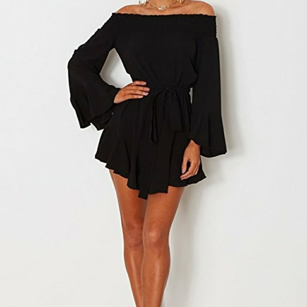 Flared Hem Off Shoulder Dress - Thumbnail 8