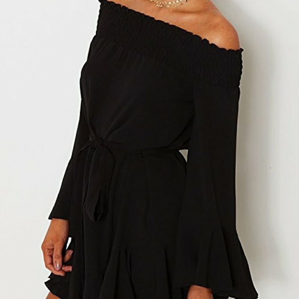 Flared Hem Off Shoulder Dress - Thumbnail 3