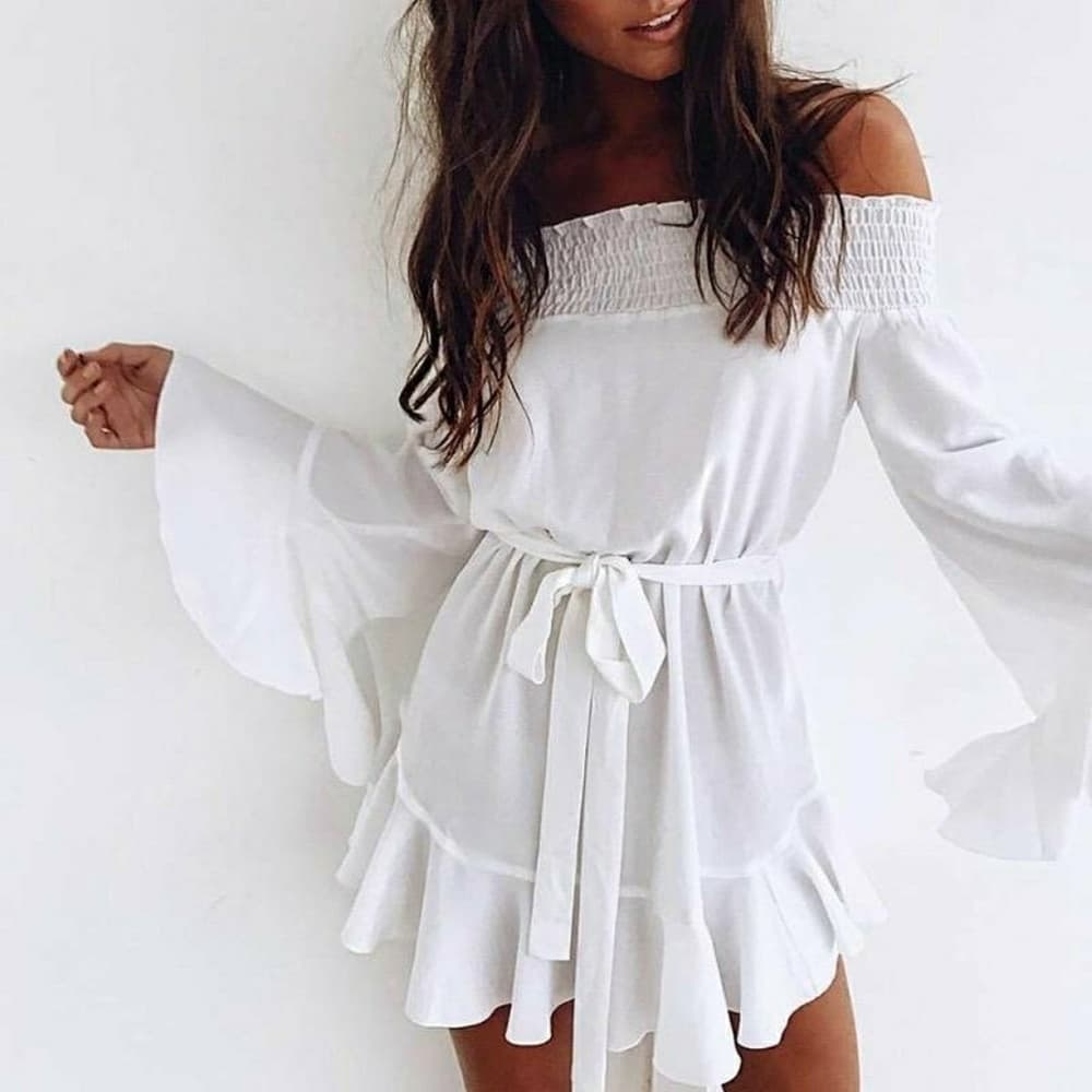 Flared Hem Off Shoulder Dress - Thumbnail 5