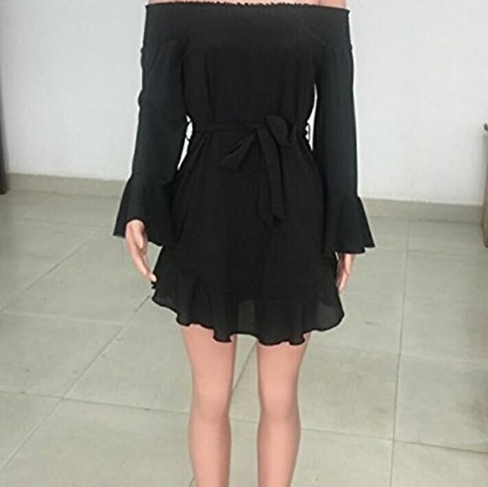 Flared Hem Off Shoulder Dress - Thumbnail 2