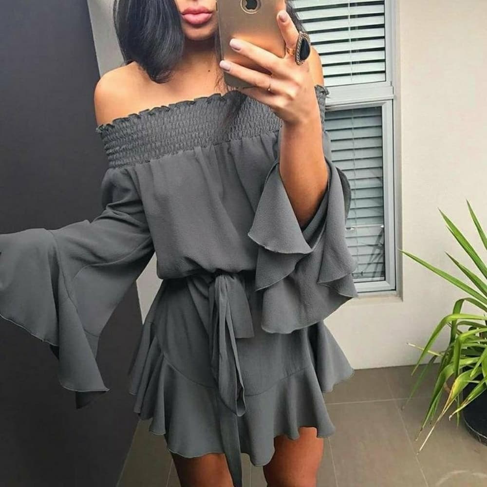 Flared Hem Off Shoulder Dress - Thumbnail 7