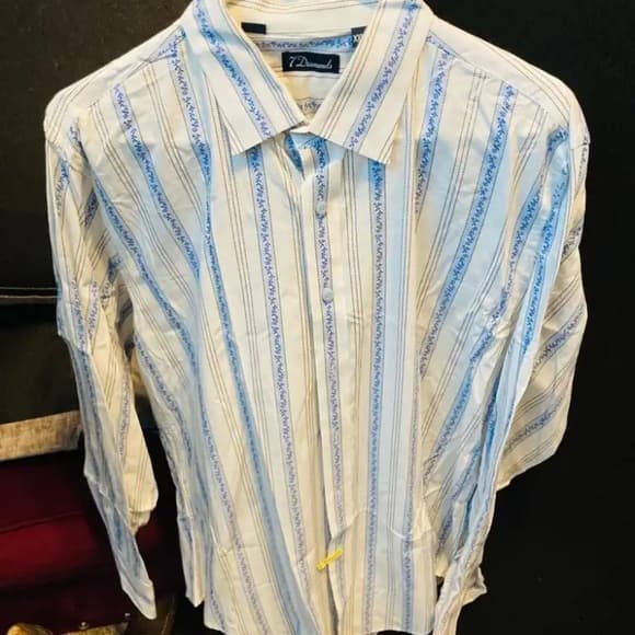 7 Diamonds Blue and White Dress Shirt with Striped Pattern - Thumbnail 3