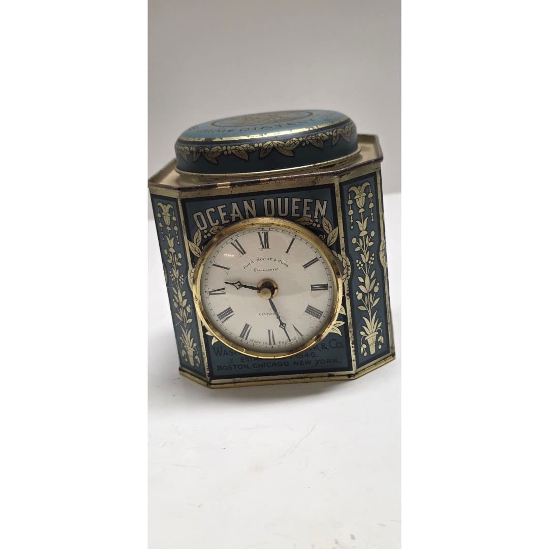 Vintage Ocean Queen Coffee Tin Clock John Moore Sons Clerkenwell London Quartz