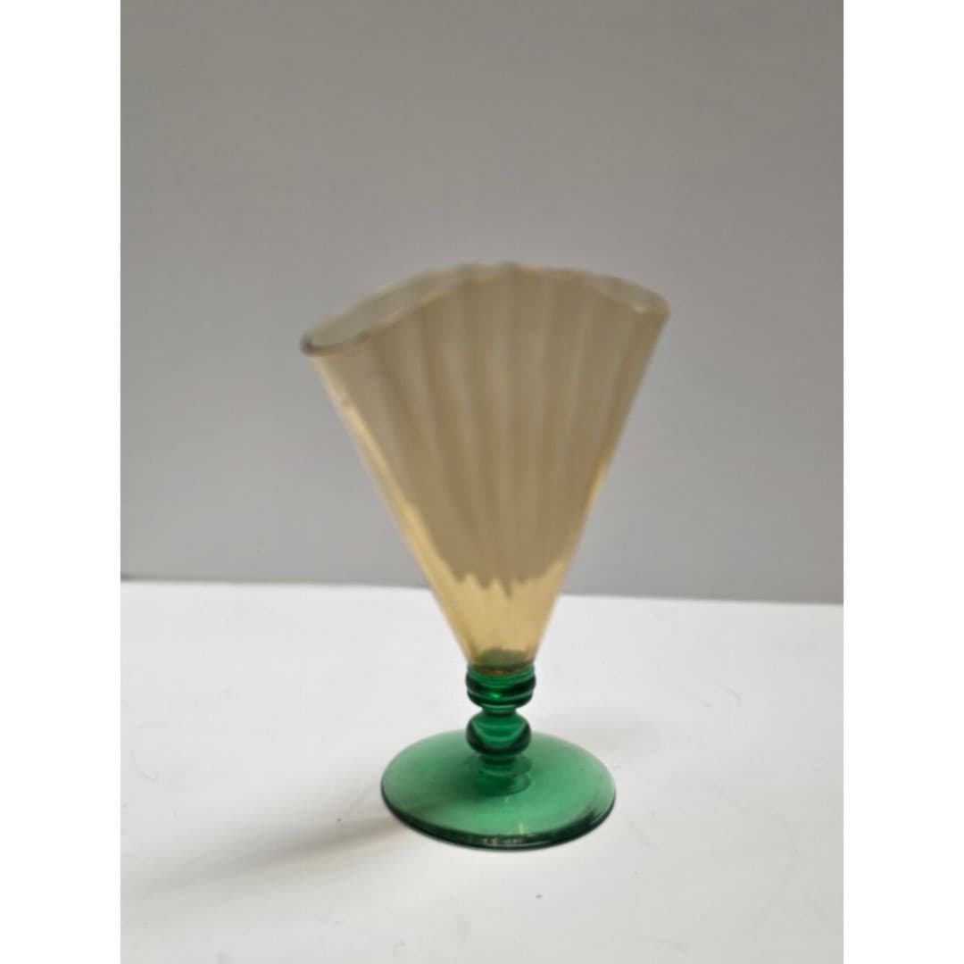 Vintage Steuben Art Glass Fan Vase 6287 Amber Optic Ribbed Pomona Green Deco - Thumbnail 3