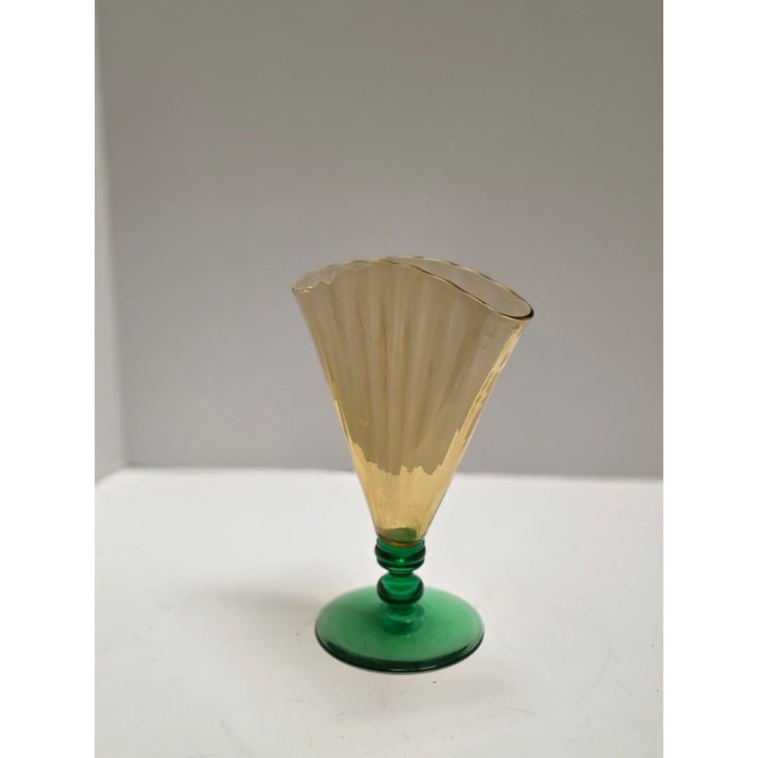 Vintage Steuben Art Glass Fan Vase 6287 Amber Optic Ribbed Pomona Green Deco - Thumbnail 4