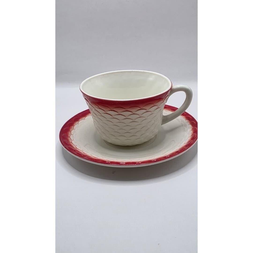 Rare Fire-King Fish Scale Tea Cup Saucer Red Rim Anchor Hocking Milk Glass MCM