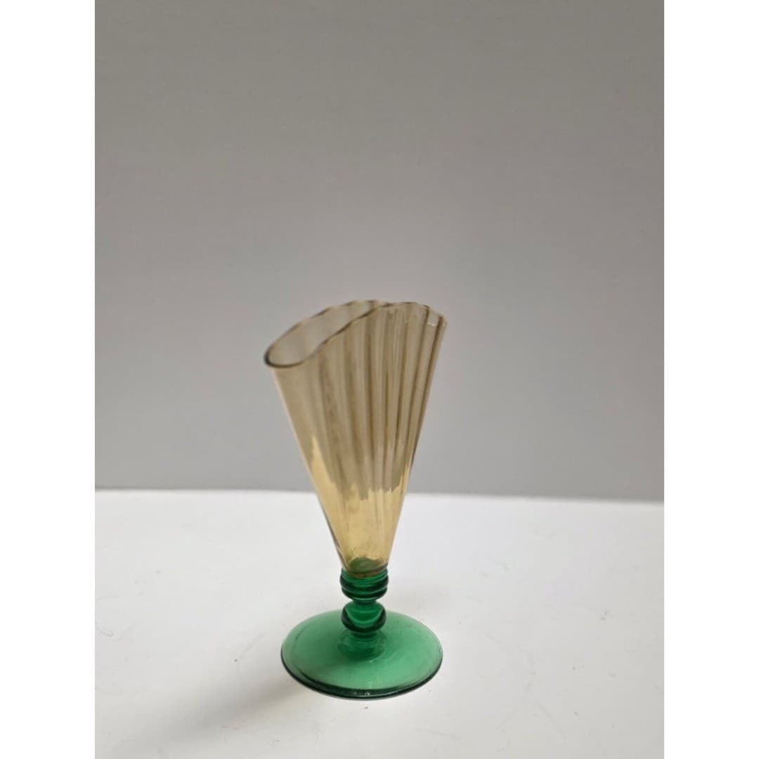 Vintage Steuben Art Glass Fan Vase 6287 Amber Optic Ribbed Pomona Green Deco - Thumbnail 10