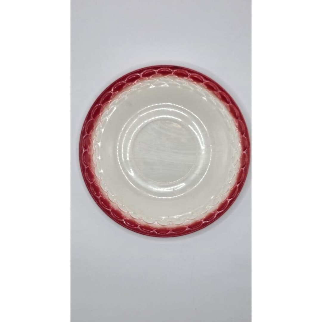 Rare Fire-King Fish Scale Tea Cup Saucer Red Rim Anchor Hocking Milk Glass MCM - Thumbnail 4