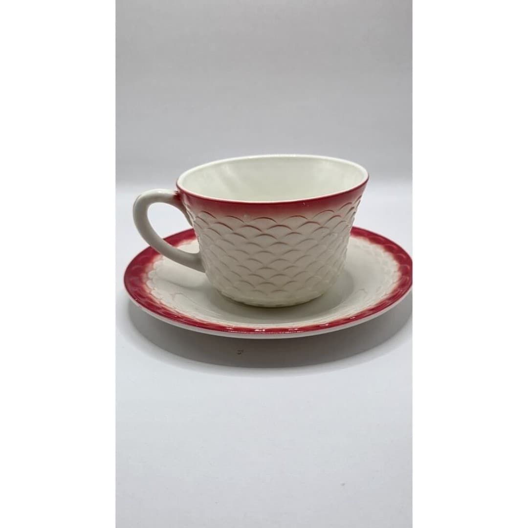 Rare Fire-King Fish Scale Tea Cup Saucer Red Rim Anchor Hocking Milk Glass MCM - Thumbnail 2