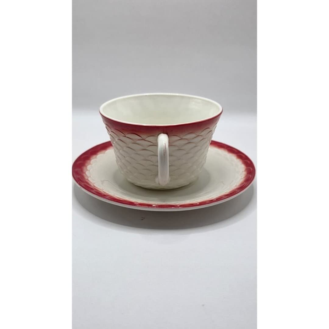 Rare Fire-King Fish Scale Tea Cup Saucer Red Rim Anchor Hocking Milk Glass MCM - Thumbnail 3