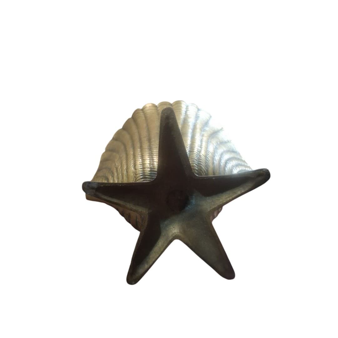 Vintage MCM Solid Brass Seashell Starfish Planter 5.5" Coastal Hollywood Regency - Thumbnail 2