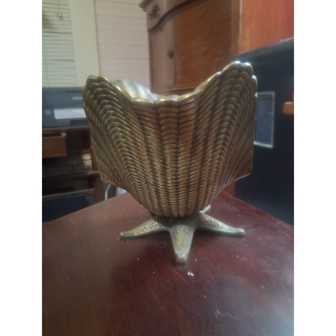 Vintage MCM Solid Brass Seashell Starfish Planter 5.5" Coastal Hollywood Regency - Thumbnail 5
