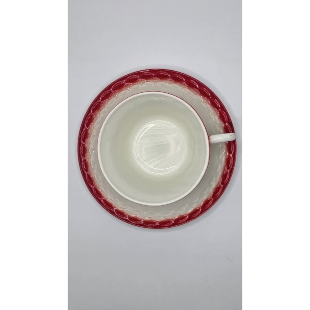 Rare Fire-King Fish Scale Tea Cup Saucer Red Rim Anchor Hocking Milk Glass MCM - Thumbnail 7
