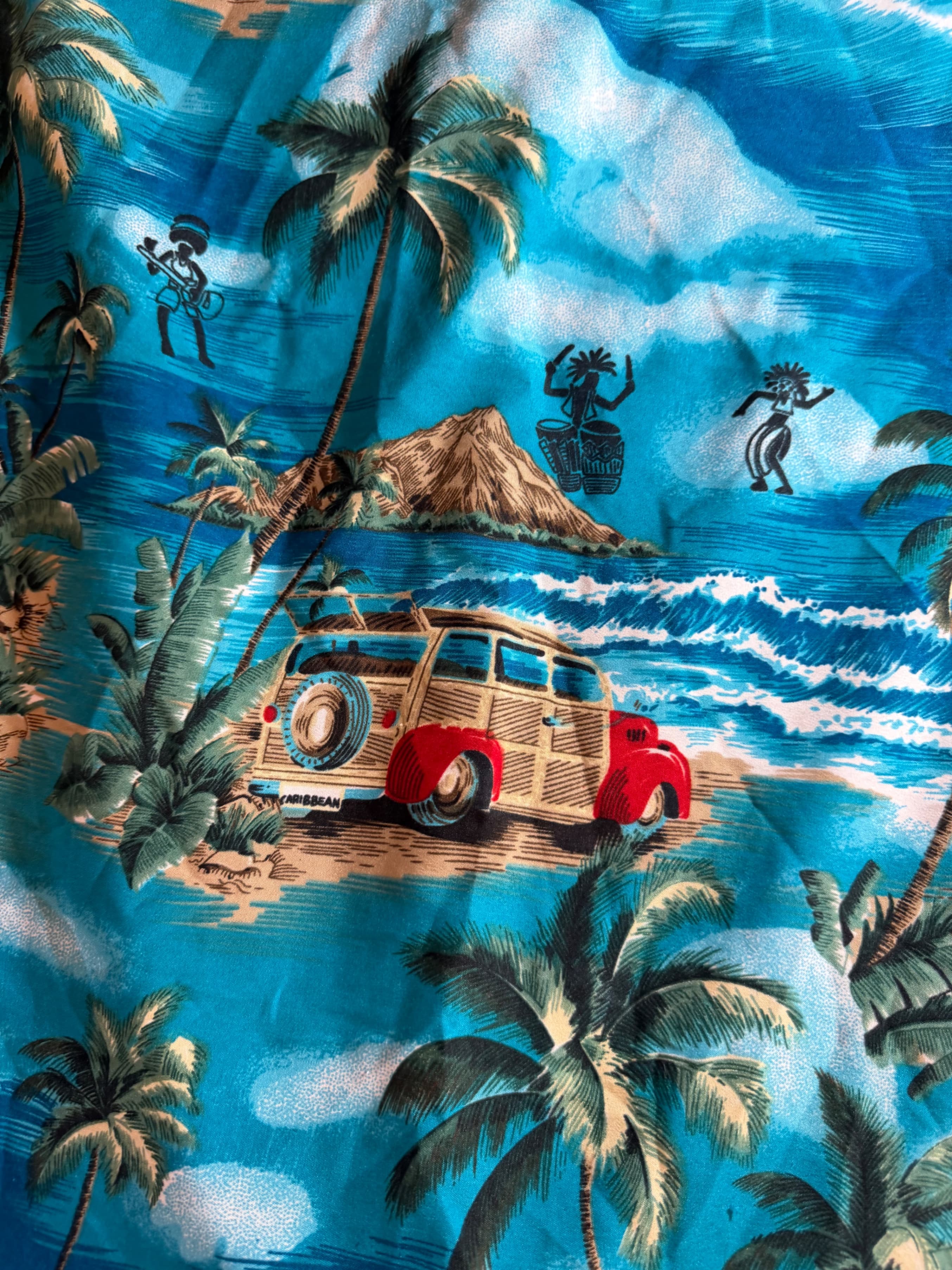 Hawaiian Aloha Shirt Blue Surf Woody Car Palm Beach Print Mens XL Camp Shirt - Thumbnail 5