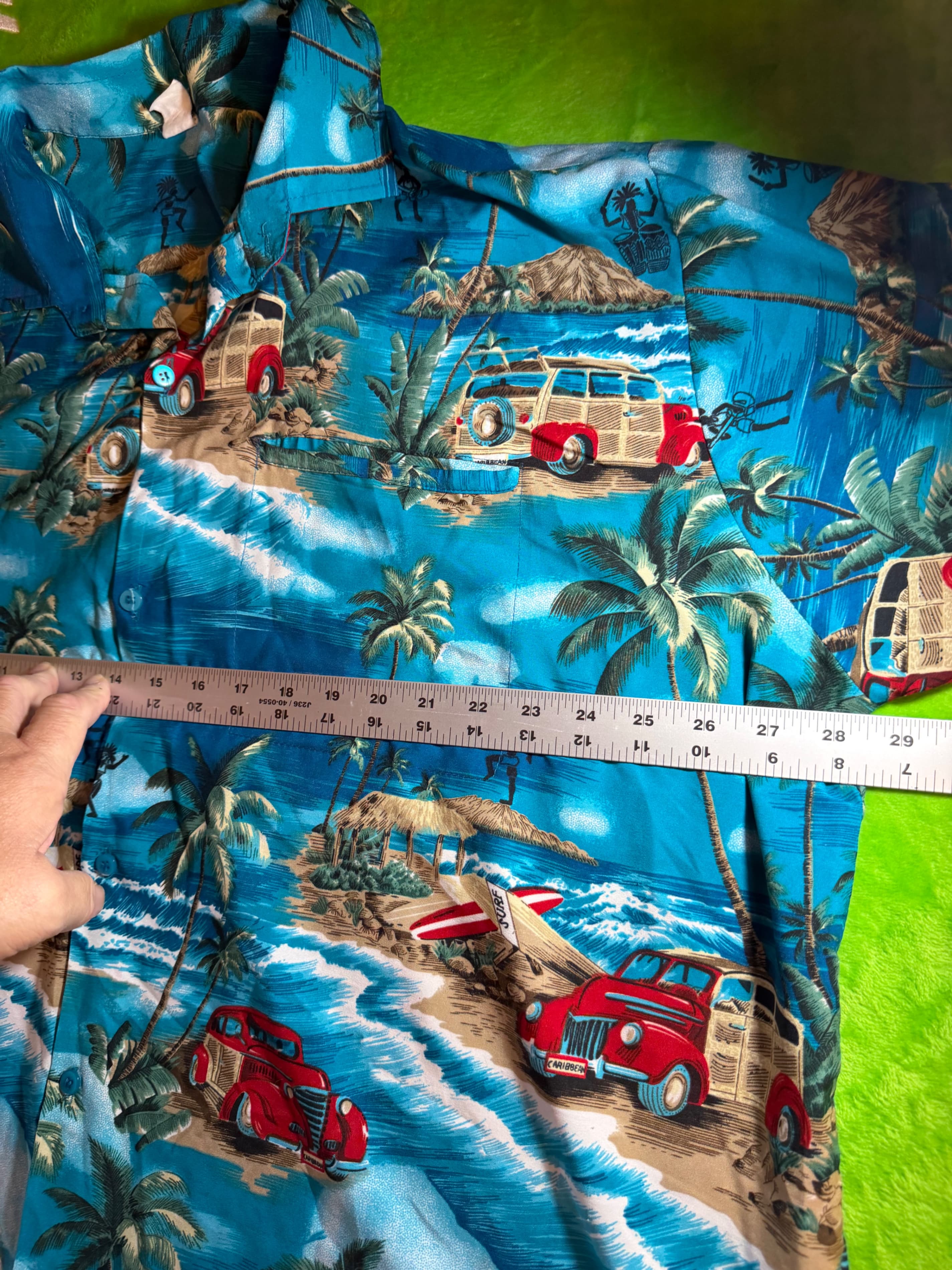 Hawaiian Aloha Shirt Blue Surf Woody Car Palm Beach Print Mens XL Camp Shirt - Thumbnail 6