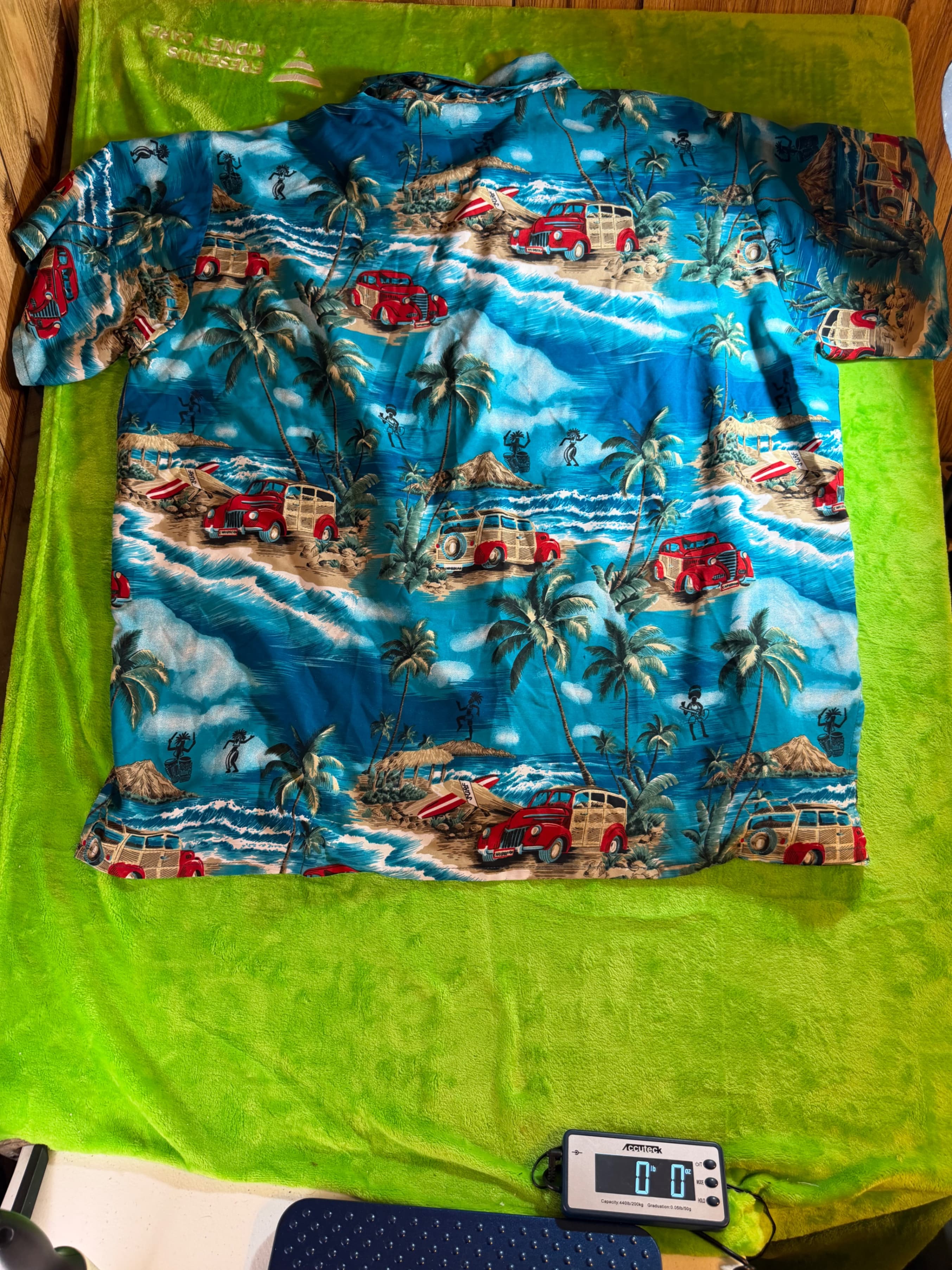 Hawaiian Aloha Shirt Blue Surf Woody Car Palm Beach Print Mens XL Camp Shirt - Thumbnail 2