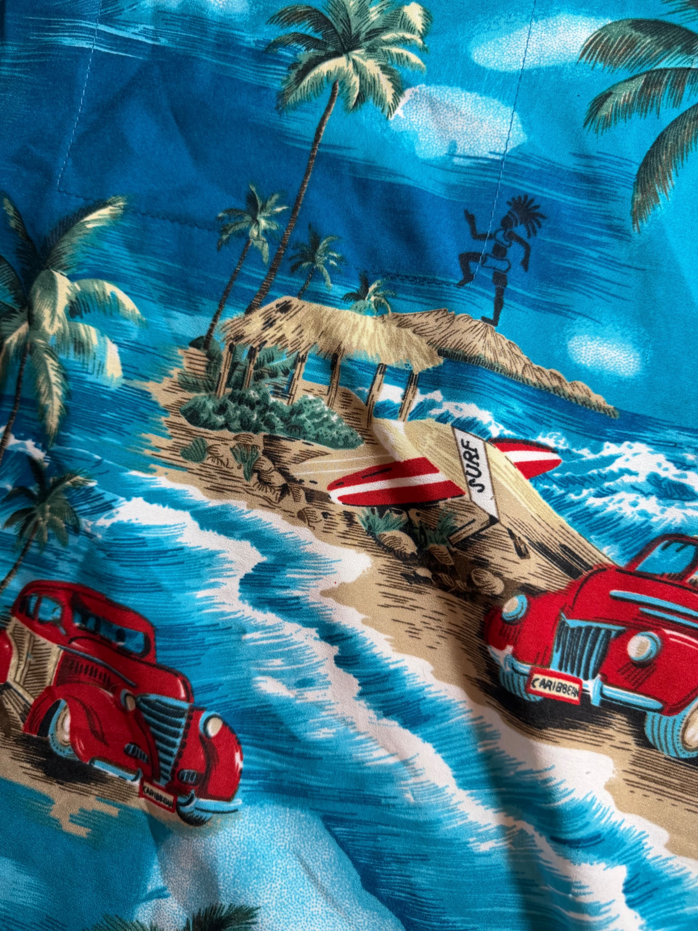 Hawaiian Aloha Shirt Blue Surf Woody Car Palm Beach Print Mens XL Camp Shirt - Thumbnail 4