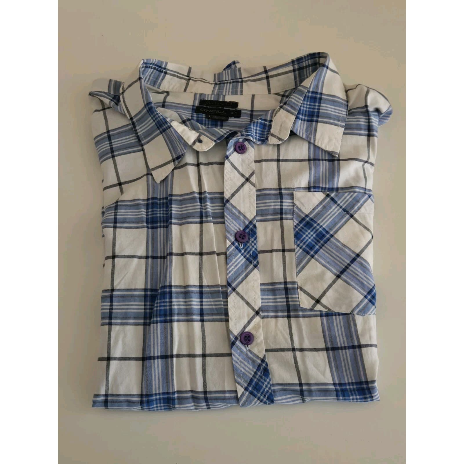 O'NEILL MEN'S BLUE/WHITE PLAID COTTON/POLY S/S BUTTON FT. SHIRT SZ. L