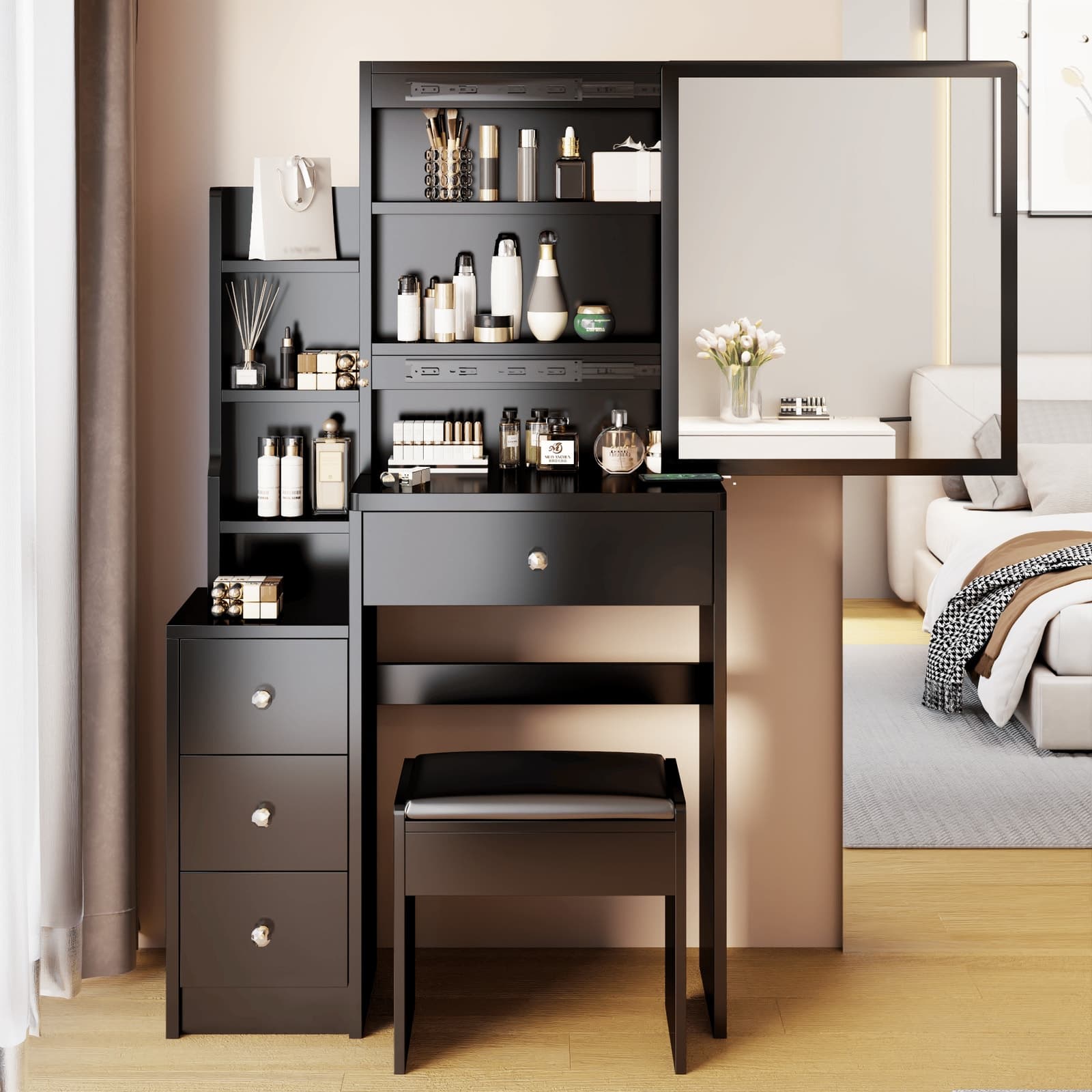 Modern Space-Saving Vanity Table with Mirror & Stool – Elegant Makeup Desk with
