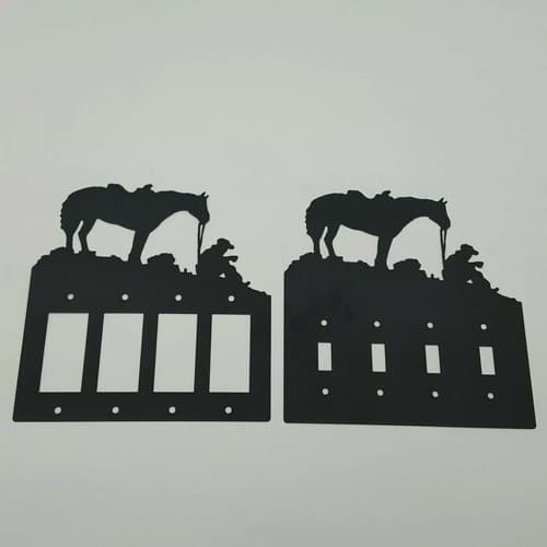 Resting Cowboy Horse Black Quadruplet Switch Toggle Plates Country Western Cabin