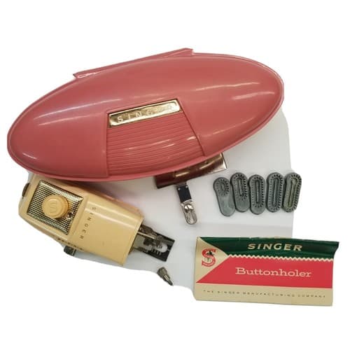 Vintage Singer Buttonholer Set Retro Pink Clamshell Case 5 Templates Antique