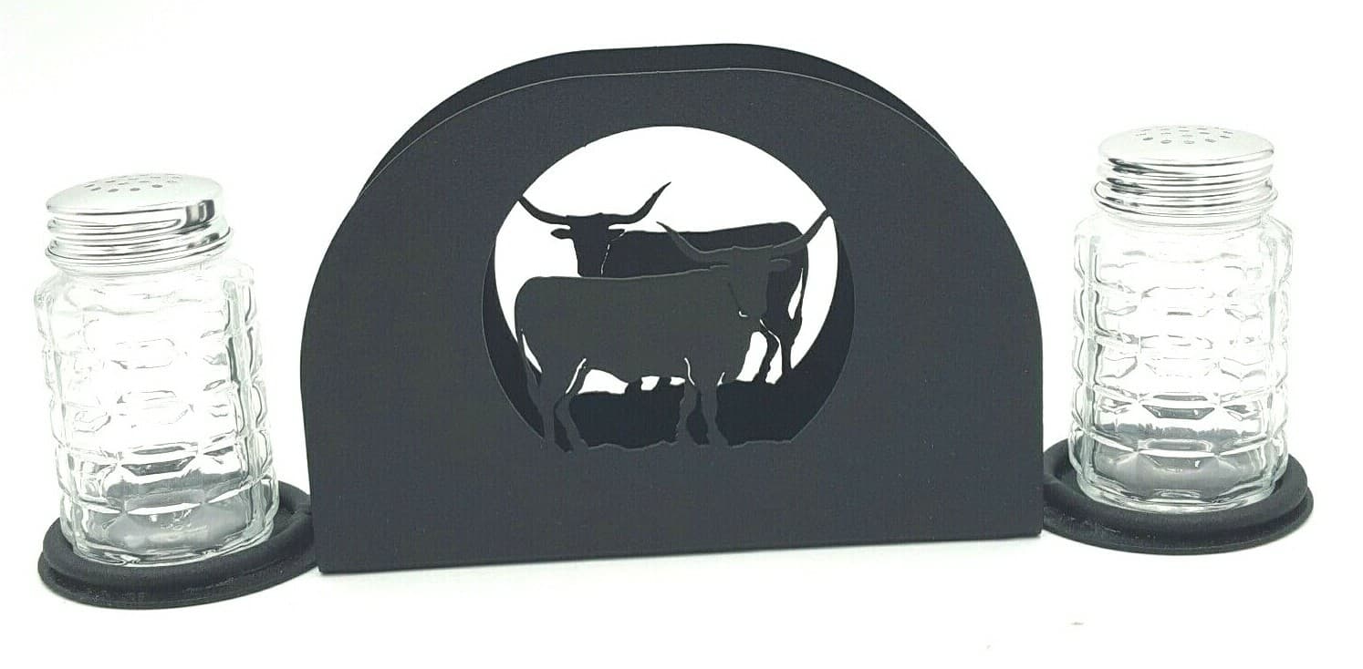 Gift Rustic Home Kitchen Salt Pepper Shakers Napkin Holder Longhorn Western