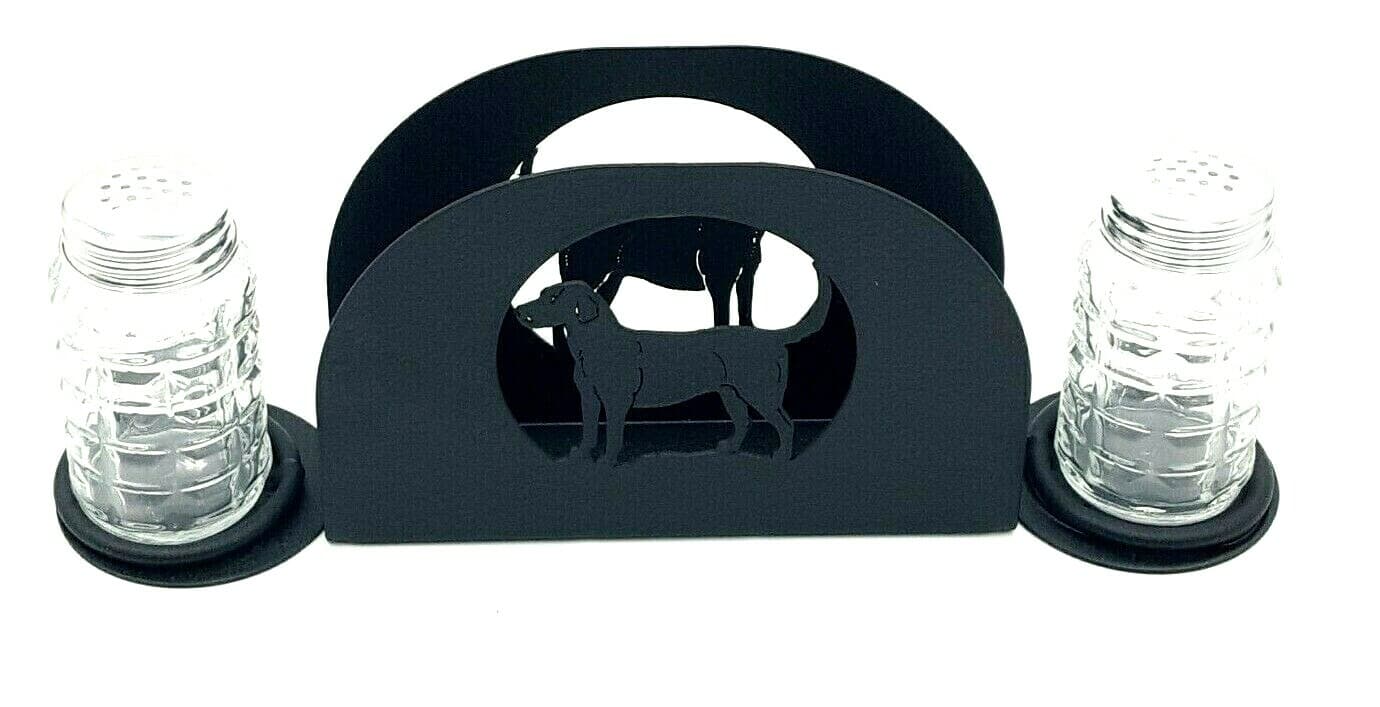 Gift Rustic Home Kitchen Dog Themed Salt Pepper Shakers Napkin Holder Black New