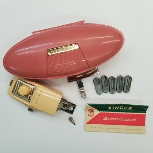 Vintage Singer Buttonholer Set Retro Pink Clamshell Case 5 Templates Antique - Thumbnail 2