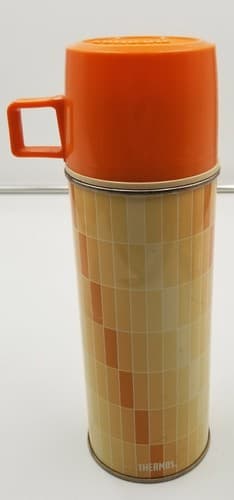 Vintage Thermos with Cap & Cup. Norwich, Conn. made in USA Orange Stopper 722