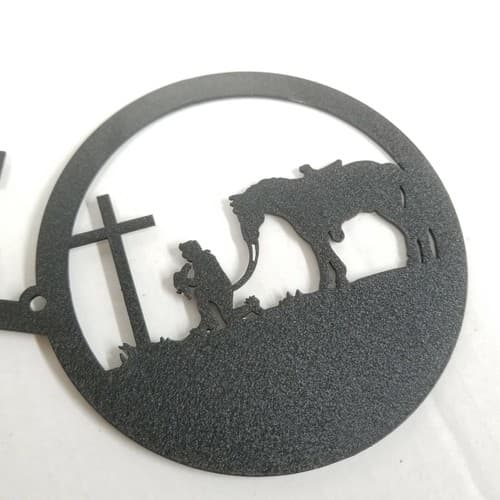 Wall Decor Talking to the Boss Welcome Sign Metal Lodge Cabin Horse Cross - Thumbnail 4