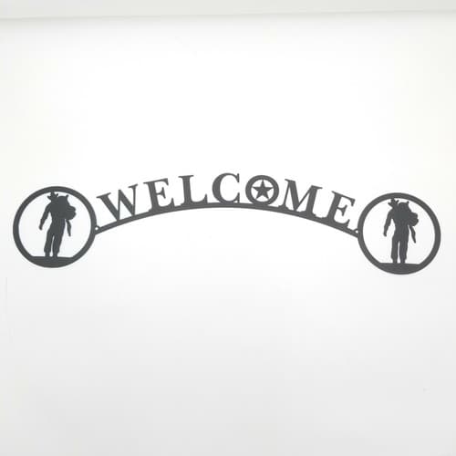 Cowboy Carrying Saddle Welcome Sign Metal Lodge Cabin Home Decor Ranch