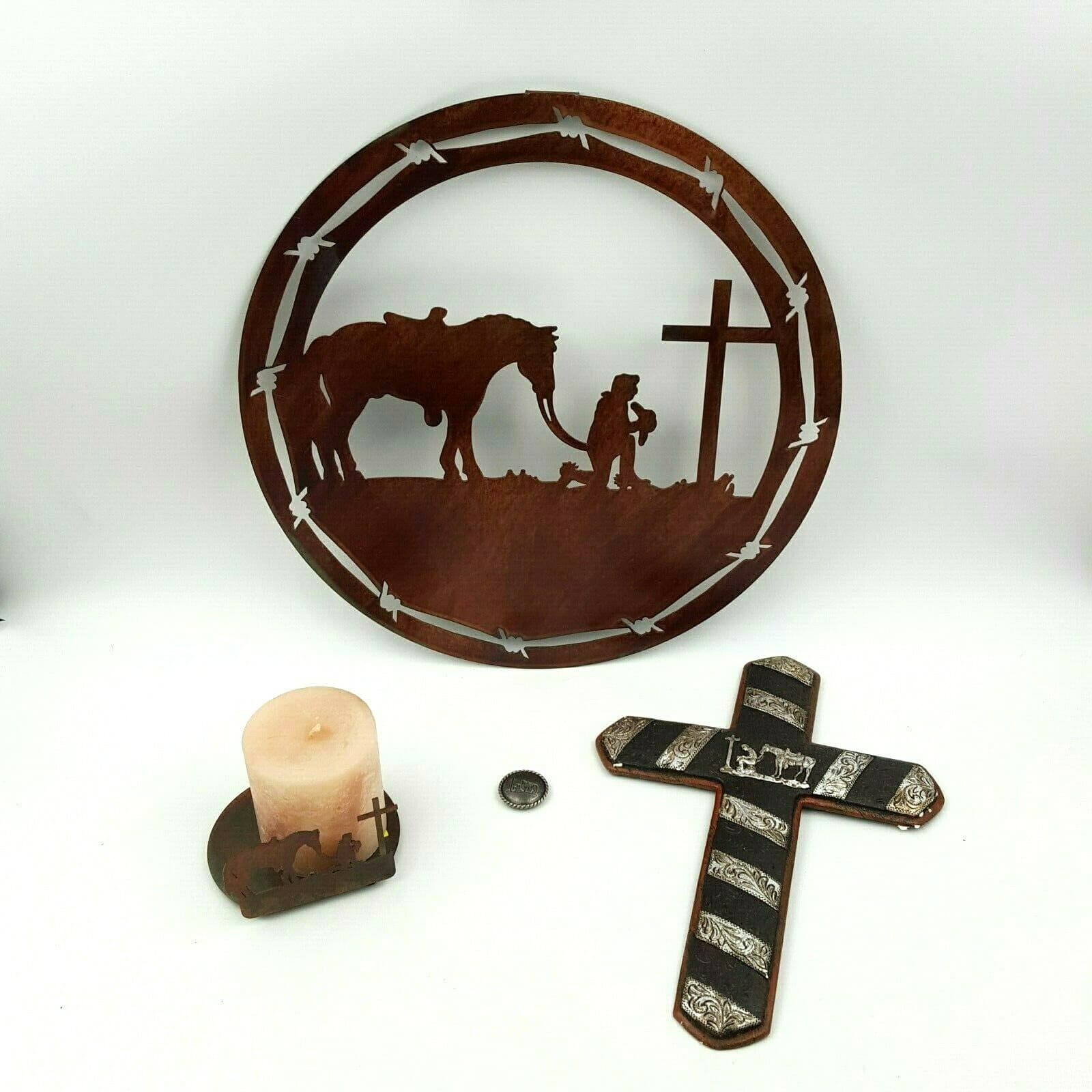 Praying At The Cross Cowboy With Horse Candle and Holder Metal Sign Wood