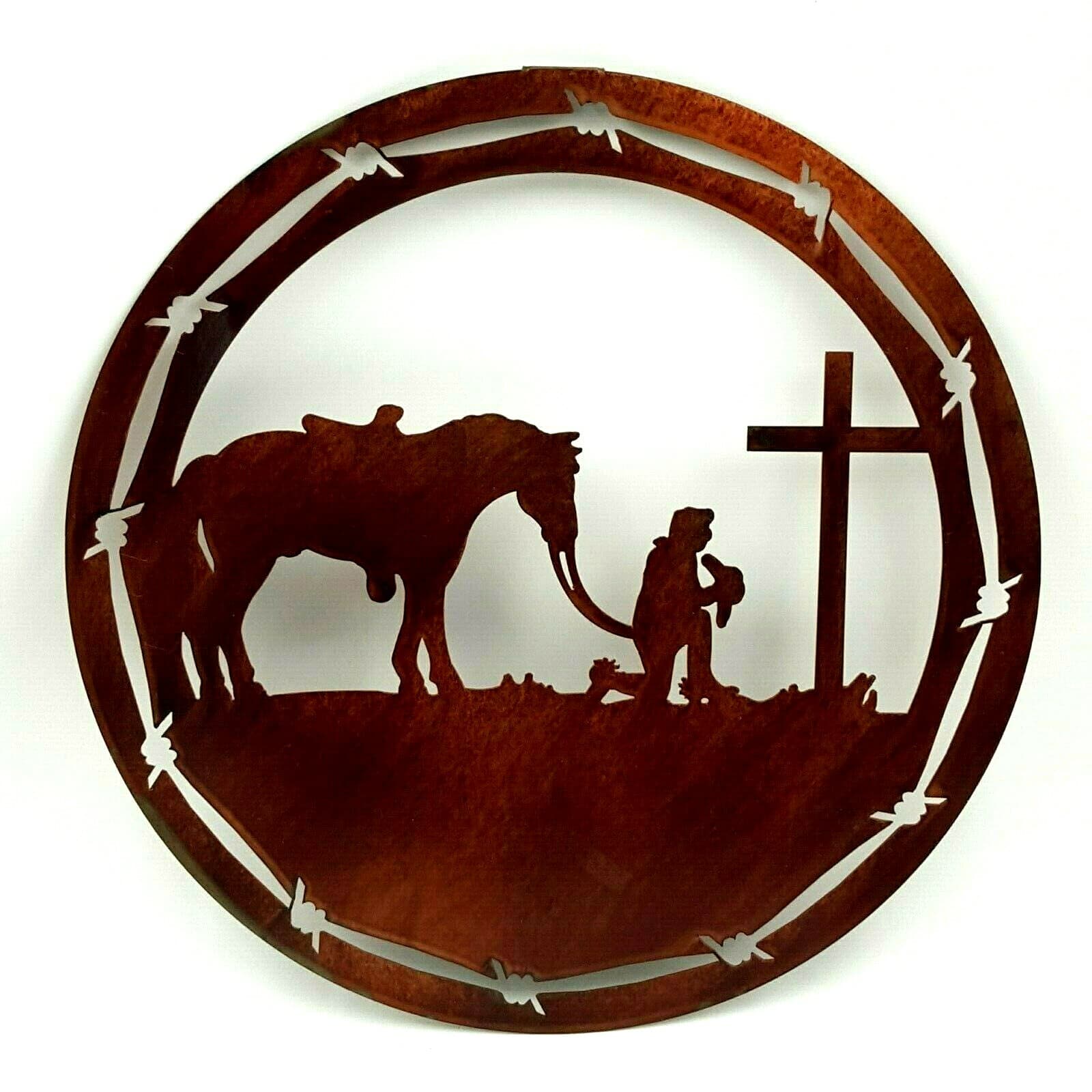 Praying At The Cross Cowboy With Horse Candle and Holder Metal Sign Wood - Thumbnail 2